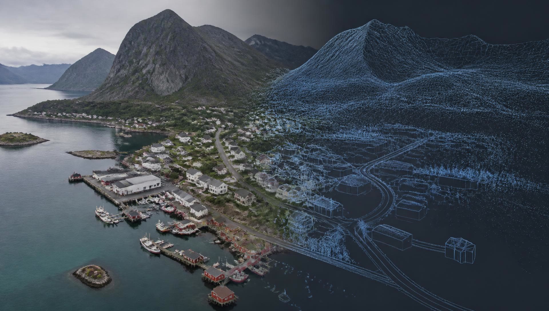 An aerial view of a coastal settlement transitioning from photography into a point cloud and 3D digital twin.