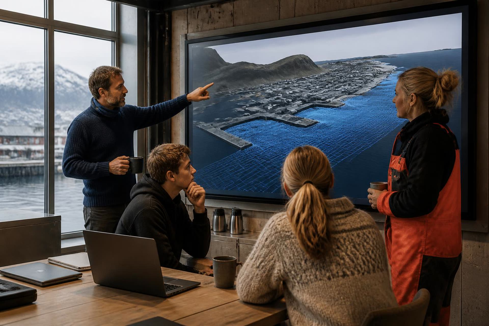 A researcher, a student, a fisherman and an engineer discussing a harbour digital twin on a large screen.