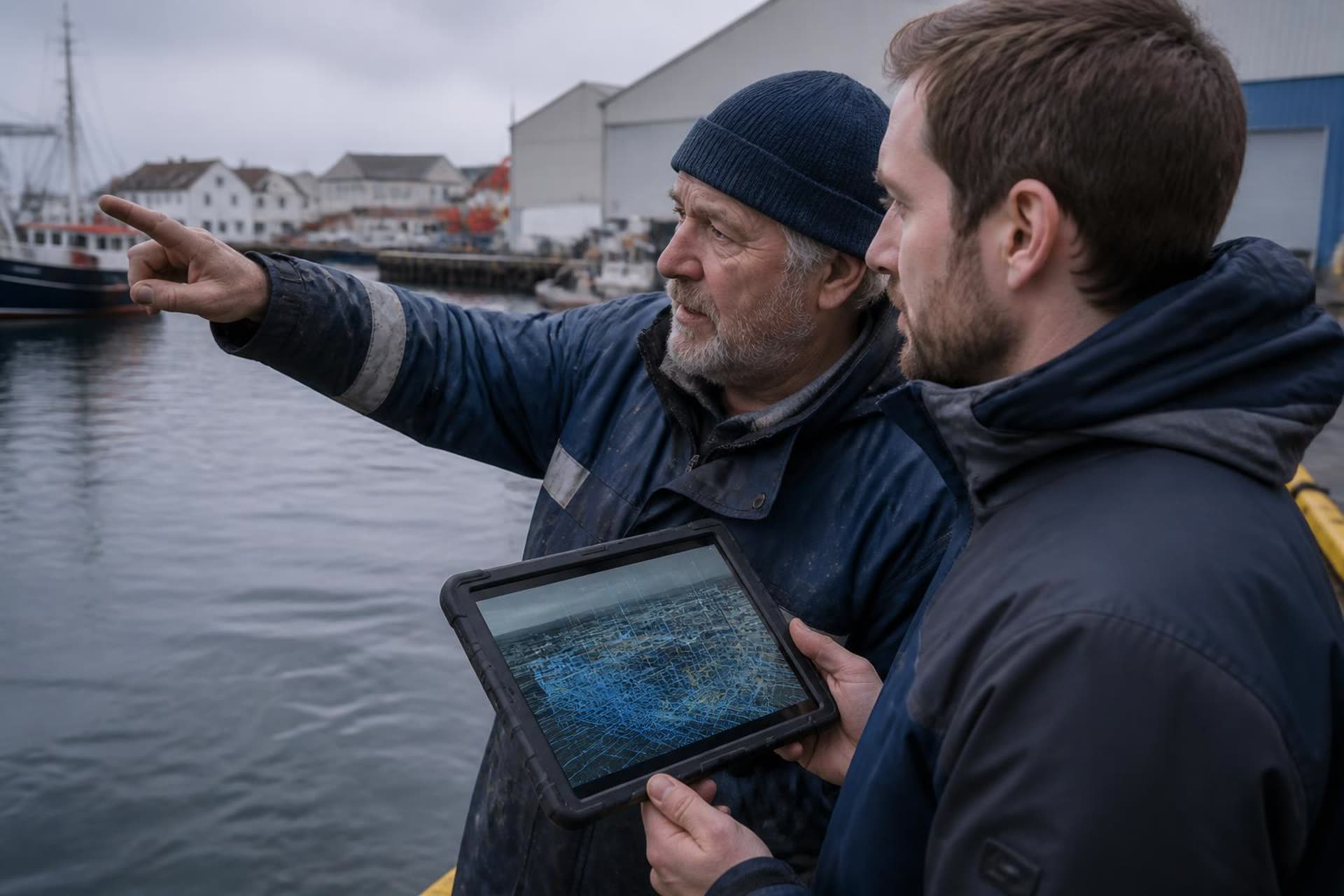 A fisherman points across a harbour while a researcher holds a tablet showing the same harbour as a digital model.