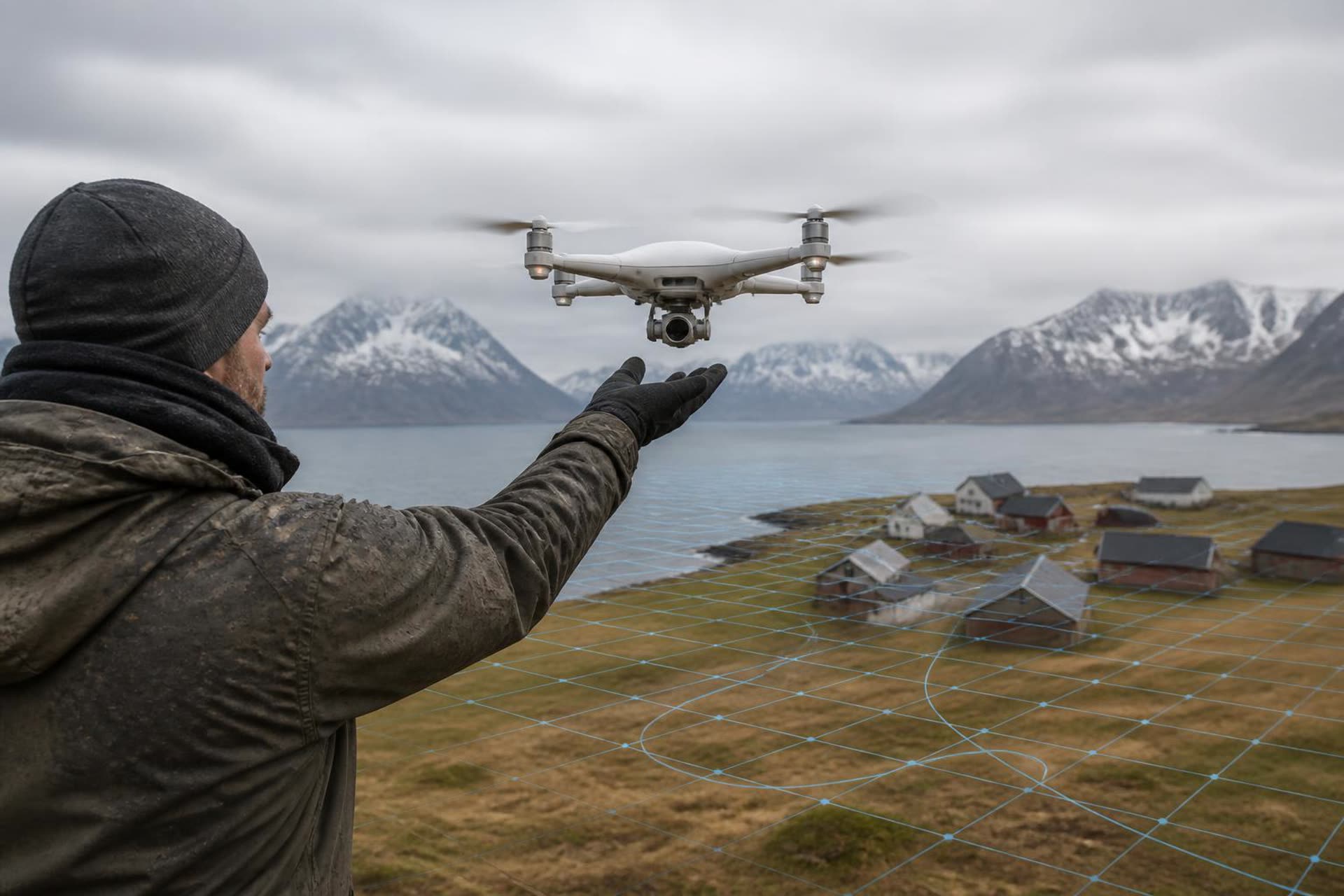 A technician launching a professional mapping drone above a northern coastal settlement.