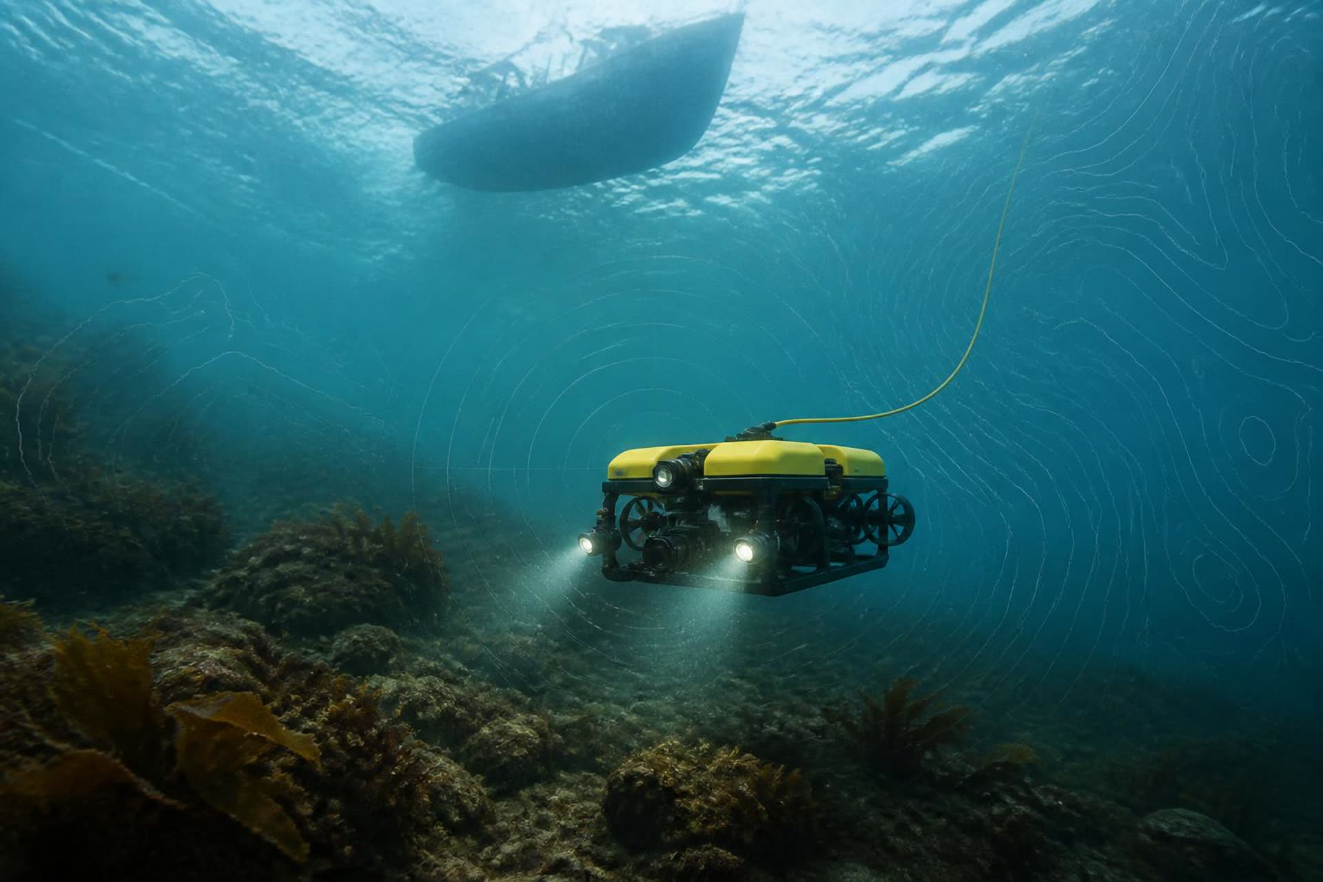 A compact inspection ROV over a rocky seabed beneath a fishing vessel, with bathymetric contours.