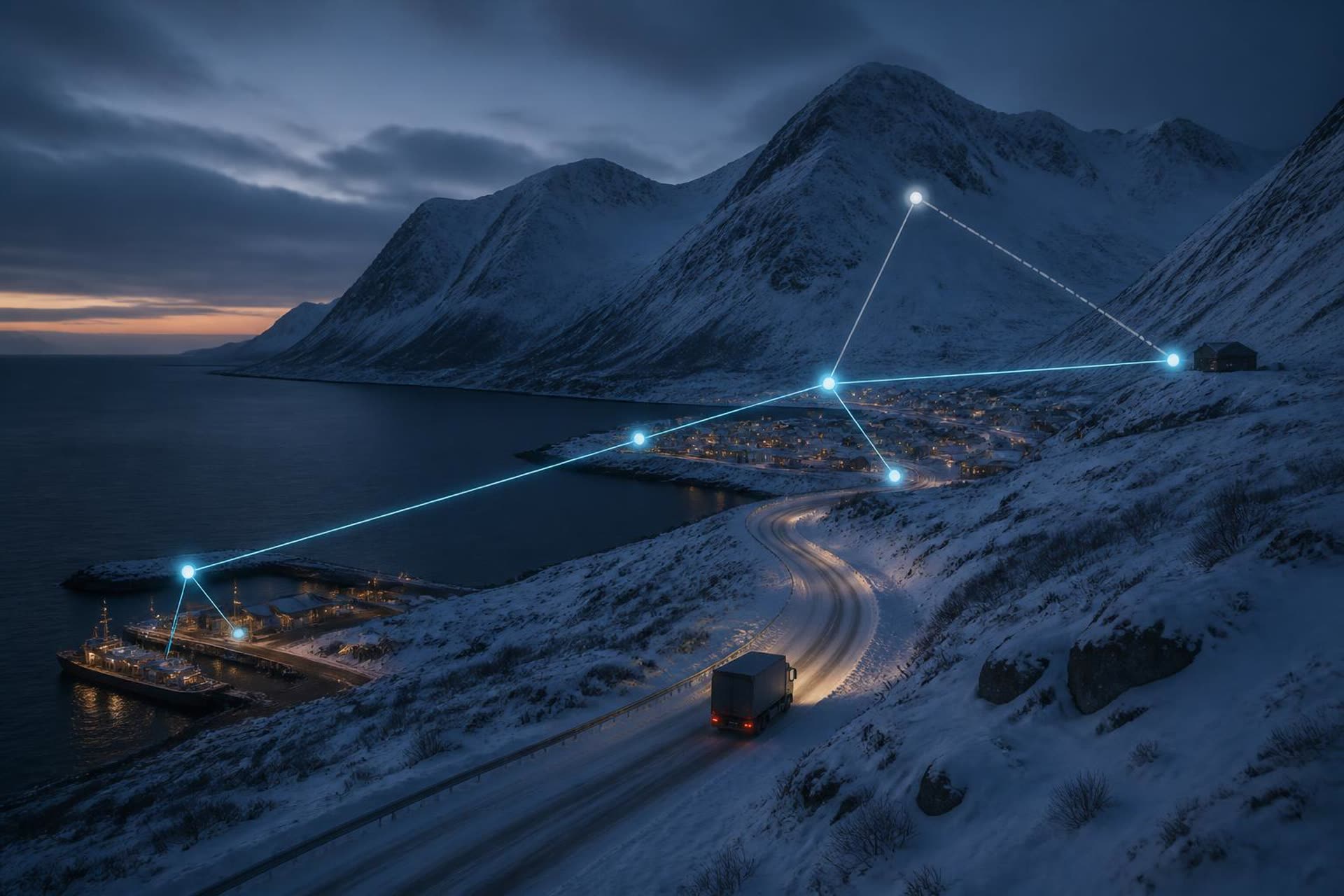A winter coastal road with a single truck, a settlement and a harbour connected by a network graph where two links are disrupted.
