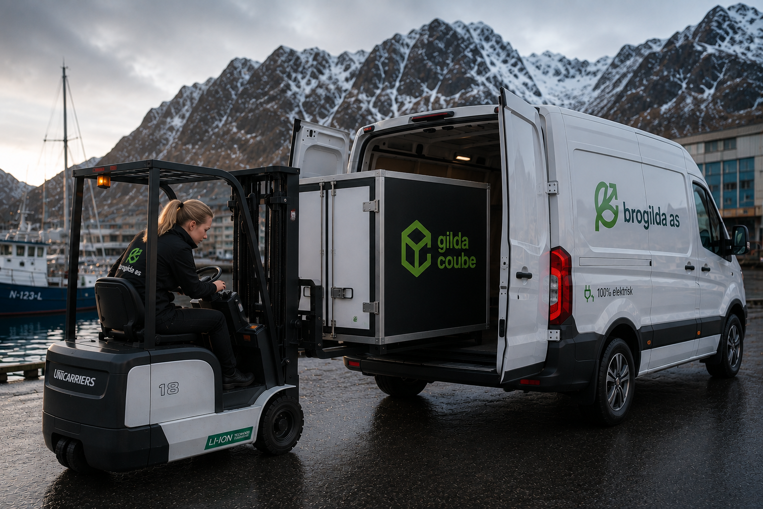 A GildaCube being loaded into an electric Brogilda van by an electric forklift at a northern Norwegian harbour.